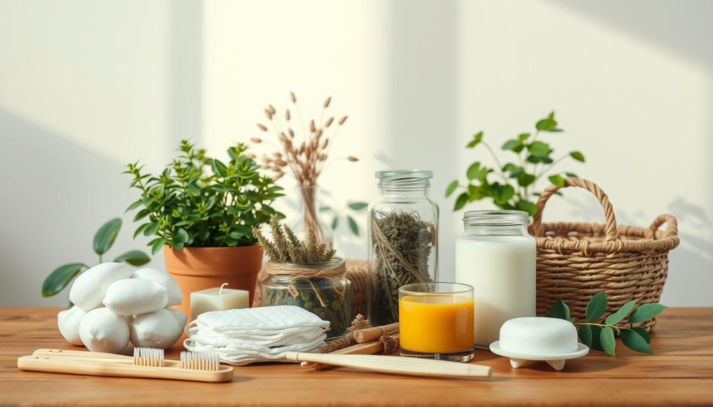 A lush, organic still life showcasing a collection of natural, non-toxic home essentials. In the foreground, an assortment of eco-friendly products such as bamboo toothbrushes, reusable cotton pads, and beeswax candles are artfully arranged on a wooden tabletop. In the middle ground, verdant potted plants, a glass jar filled with dried herbs, and a woven basket add a soothing, earthy ambiance. The background features a minimalist, sun-dappled wall, creating a calming, bright, and inviting atmosphere. The lighting is soft and diffused, highlighting the natural textures and tones of the organic items. The overall composition conveys a sense of simplicity, sustainability, and a toxin-free lifestyle.