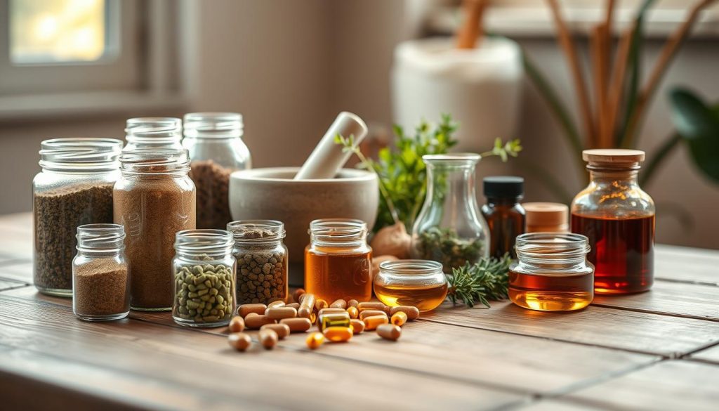 A neatly arranged collection of various herbal detox supplements on a wooden table. In the foreground, an array of glass jars filled with powders, capsules, and tinctures in earthy tones of green, brown, and amber. In the middle ground, a mortar and pestle, a glass beaker, and a sprig of fresh herbs, all bathed in warm, natural lighting from a nearby window. The background is softly blurred, creating a serene, spa-like atmosphere. The overall composition conveys a sense of wellness, purity, and a holistic approach to cleansing and rejuvenation.