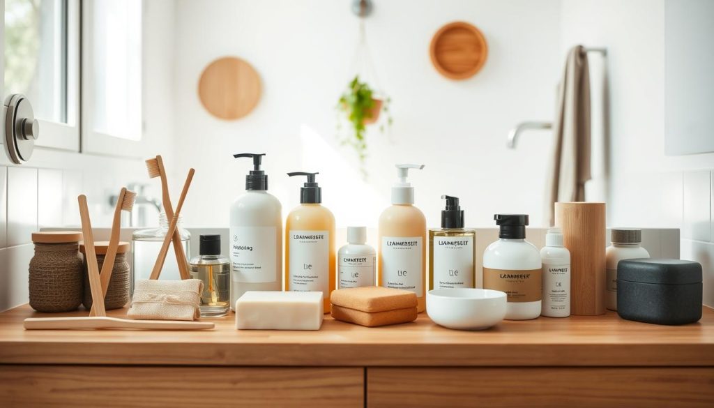A neatly arranged selection of non-toxic bathroom products resting on a minimalist wooden vanity. In the foreground, an assortment of sustainable bamboo toothbrushes, natural soap bars, and refillable glass bottles filled with plant-based cleansers. The middle ground showcases a diffused and softly lit array of eco-friendly shampoo, conditioner, and moisturizer bottles in soothing earth tones. In the background, a serene, natural-light-filled bathroom with simple, clean-lined fixtures and a hanging plant, conveying a sense of tranquility and wellness.