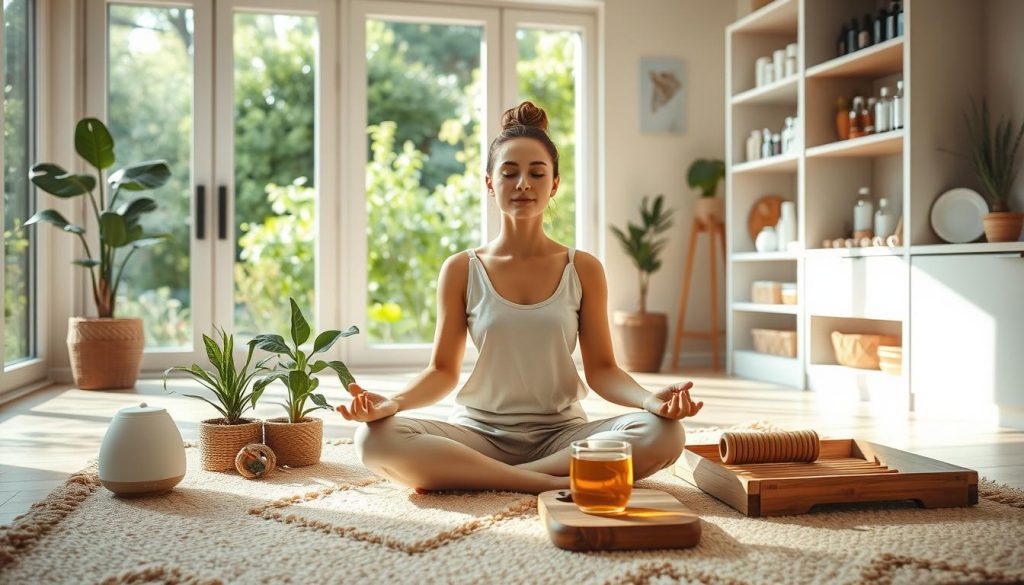 A sunny, well-lit wellness sanctuary in a cozy, eco-friendly home. In the foreground, a woman sits cross-legged on a plush, natural fiber rug, practicing mindful meditation with a serene expression. Surrounding her are various sustainable self-care items - a diffuser with soothing essential oils, a potted plant, a wooden massage roller, and a bamboo tray holding a cup of herbal tea. The middle ground features large windows overlooking a lush, verdant garden, bathing the space in warm, gentle light. In the background, shelves display neatly organized, earth-friendly wellness products like organic bath salts, natural deodorants, and refillable glass bottles. An atmosphere of tranquility, balance, and environmental consciousness pervades the scene.