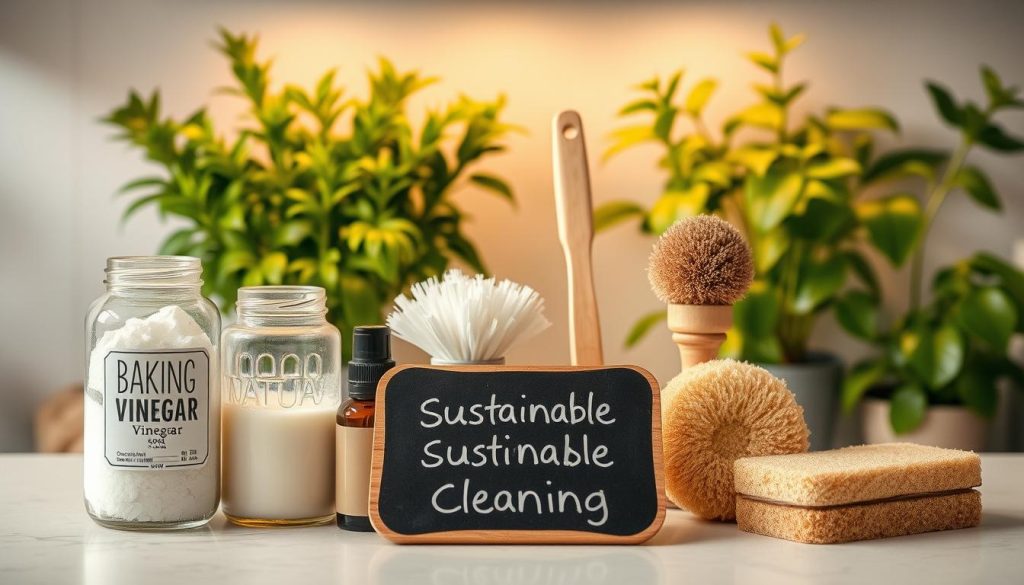 A well-lit kitchen counter, showcasing an artful arrangement of natural cleaning supplies. In the foreground, glass jars filled with baking soda, vinegar, and essential oils stand out against a backdrop of lush green plants. The middle ground features a wooden scrub brush, a plant-based sponge, and a chalkboard sign with a simple, handwritten message about sustainable cleaning. The warm, soft lighting from above creates a calming, inviting atmosphere, emphasizing the natural, eco-friendly nature of the displayed items. The overall composition suggests a mindful, wellness-focused approach to maintaining a healthy home environment.