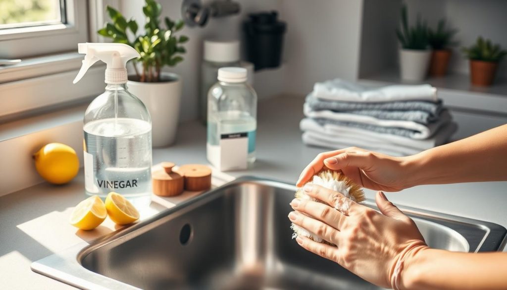 A well-lit kitchen countertop, sunlight streaming through the window, showcasing a selection of natural, eco-friendly cleaning products: a glass spray bottle filled with a homemade vinegar solution, a bamboo scrub brush, a jar of baking soda, and a few lemon wedges. In the foreground, hands gently scrub a stainless steel sink, using the bamboo brush and baking soda paste to create a sparkling, streak-free finish. The middle ground features a stack of microfiber cloths, neatly folded and ready for use. The background hints at a tidy, organized kitchen, with minimalist decor and potted plants, conveying a sense of calm and sustainability.