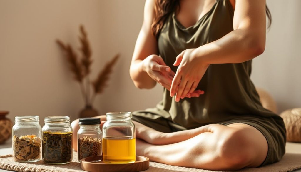 A woman performing a full-body Ayurvedic self-massage, captured in a soft, warm light. In the foreground, her hands glide rhythmically over her skin, massaging aromatic oils into her limbs. In the middle ground, jars of Ayurvedic herbs and oils stand ready, complementing the serene setting. The background features a simple, uncluttered space with natural textures, conveying a sense of tranquility and focus. The overall atmosphere is one of mindfulness, self-care, and connection to ancient healing traditions.