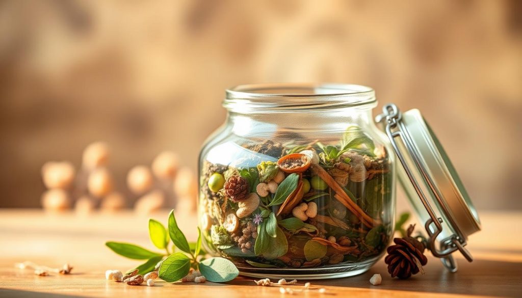 An elegant glass jar filled with an assortment of fresh, organic herbs and botanicals, against a soft, natural backdrop. Warm, golden lighting casts a gentle glow, highlighting the vibrant greens and earthy tones. The jar's lid is open, revealing the carefully curated blend, inviting the viewer to imagine its soothing, cleansing properties. The scene exudes a sense of purity, wellness, and a connection to the natural world, perfectly capturing the essence of an herbal body cleanse.