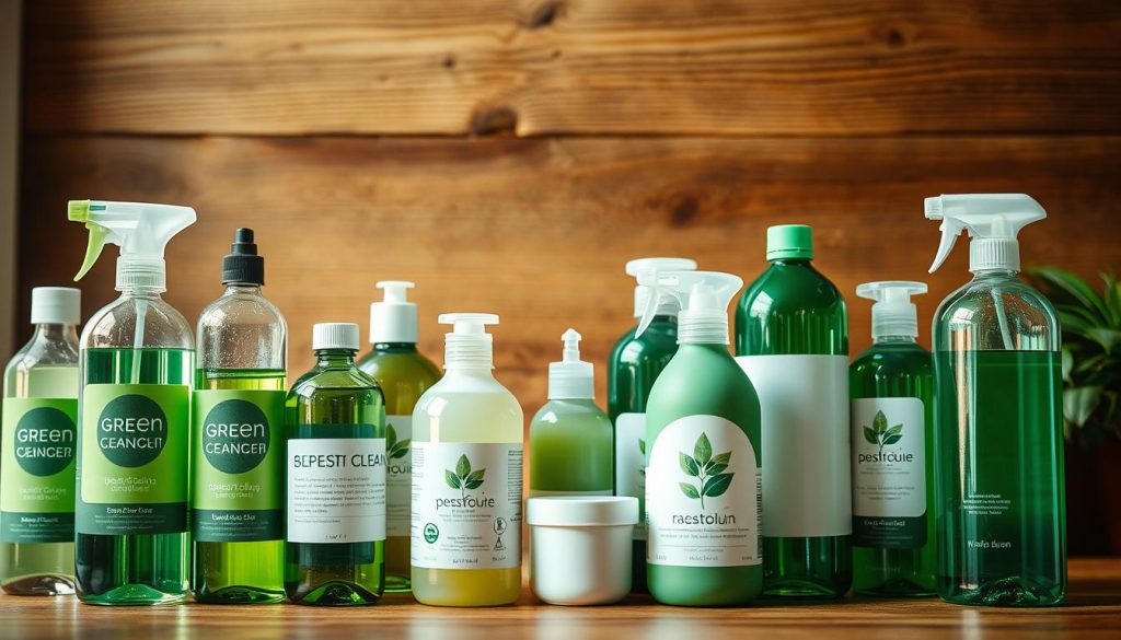 Detailed still life image of green cleaning products comparison, shot in natural light with a soft, diffused glow. In the foreground, an array of various eco-friendly cleaning bottles and containers in shades of green, with minimalist labels and designs. In the middle ground, a wooden surface or background, creating a rustic and organic feel. The composition is balanced, with the products arranged in a visually appealing manner. The overall mood is clean, fresh, and inviting, showcasing the benefits of sustainable cleaning solutions.
